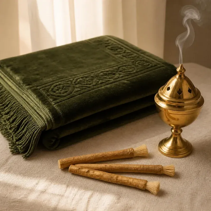 Tapis de prière plié en velours vert, trois miswaks et brûle-encens en laiton