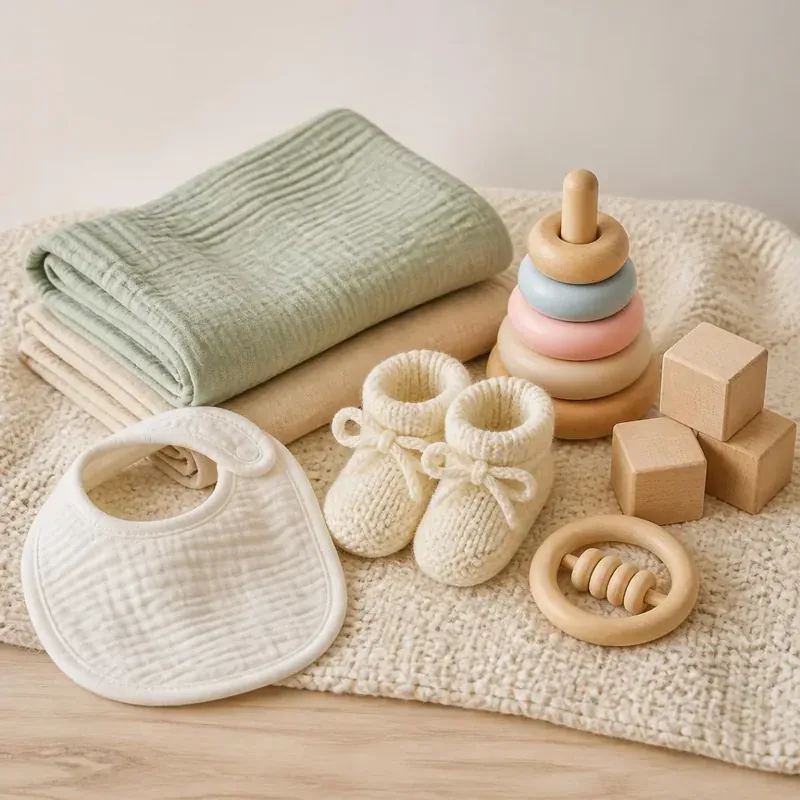 Couverture, bavoir, chaussons tricotés, anneaux à empiler et cubes en bois pour bébé