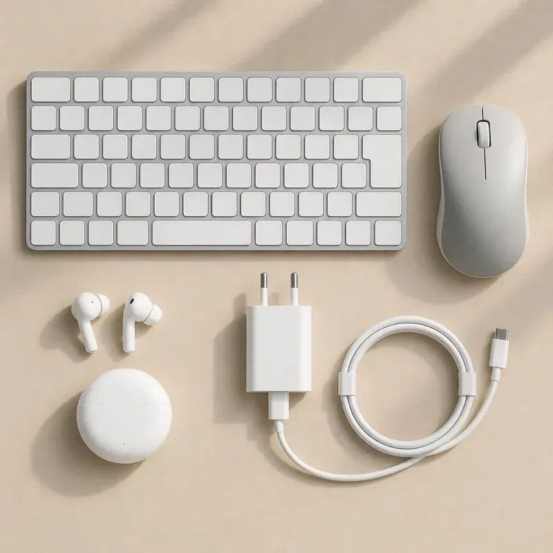 Clavier sans fil, souris, écouteurs sans fil et leur boîtier, chargeur et câble USB-C sur fond beige