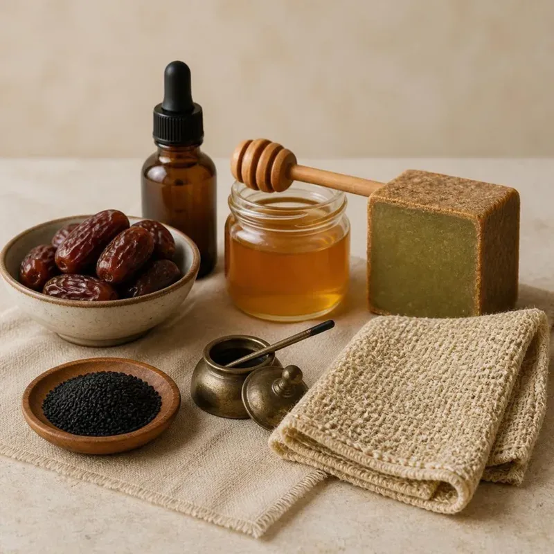 Flacon compte-gouttes ambré, bol de dattes, pot de miel, savon d’Alep, graines de nigelle, pot à khôl et gant de gommage