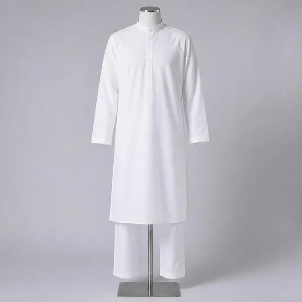 Qamis mi-long et pantalon blanc, ensemble 2 pièces homme