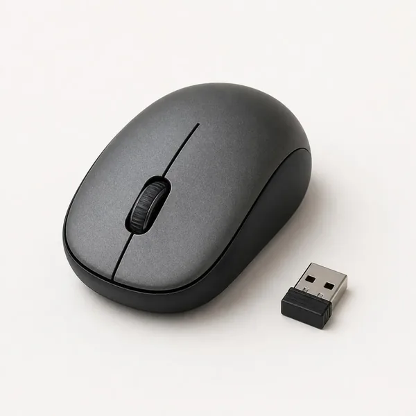 Souris sans fil grise et son mini récepteur USB