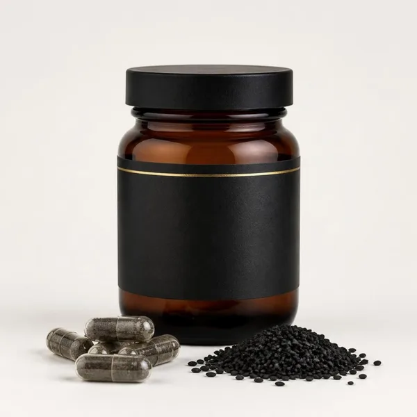 Pot ambré de gélules de nigelle, quelques gélules et des graines de nigelle