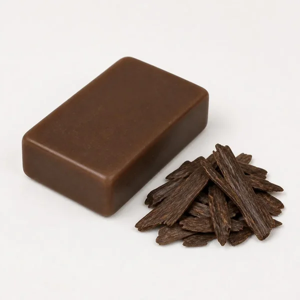 Pain de savon brun à côté de copeaux de bois d’oud