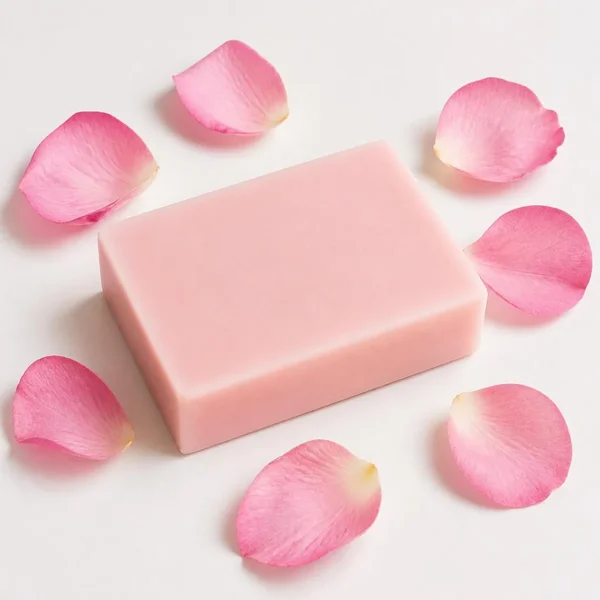 Pain de savon rose pâle entouré de pétales de rose