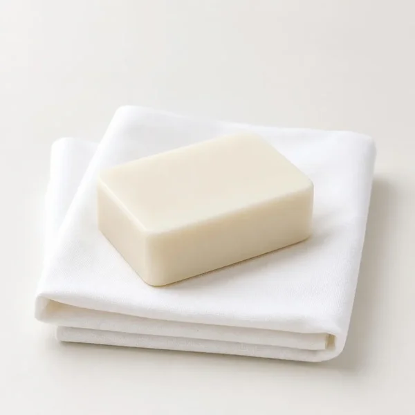 Pain de savon blanc crème posé sur un linge de coton blanc