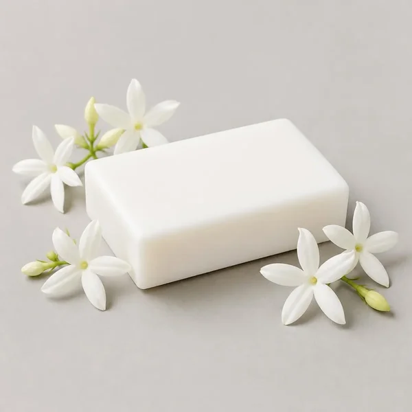 Pain de savon blanc entouré de fleurs de jasmin