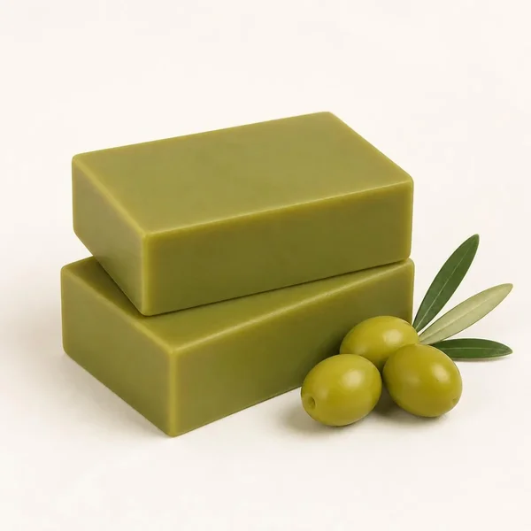 Deux pains de savon vert olive, avec des olives et des feuilles d’olivier