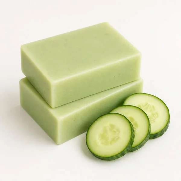 Deux pains de savon vert clair à côté de rondelles de concombre