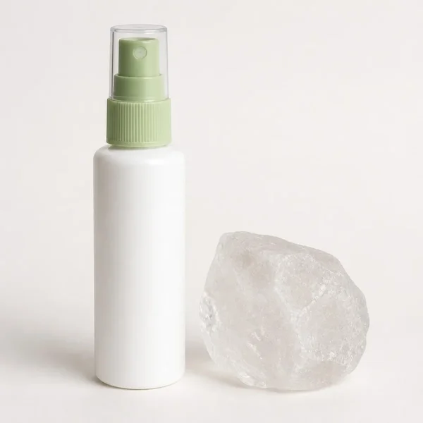 Flacon vaporisateur blanc à pompe verte, à côté d’un morceau de pierre d’alun