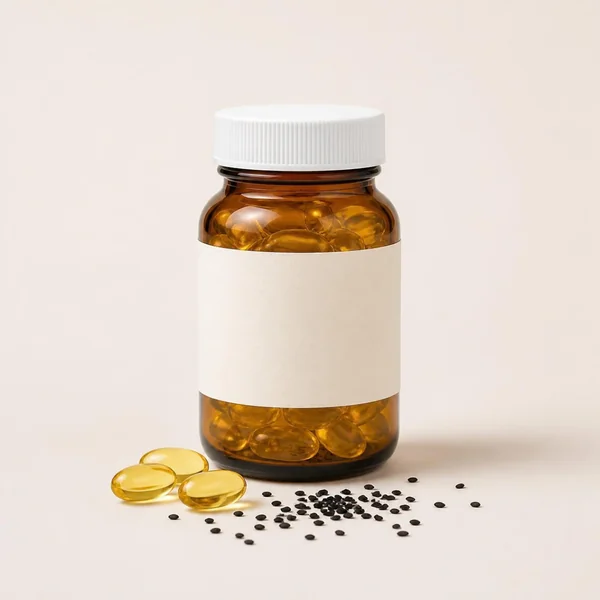 Flacon ambré à étiquette vierge rempli de capsules dorées, capsules et graines de nigelle devant
