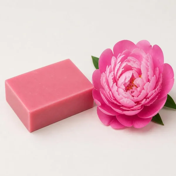 Pain de savon rose à côté d’une fleur de pivoine