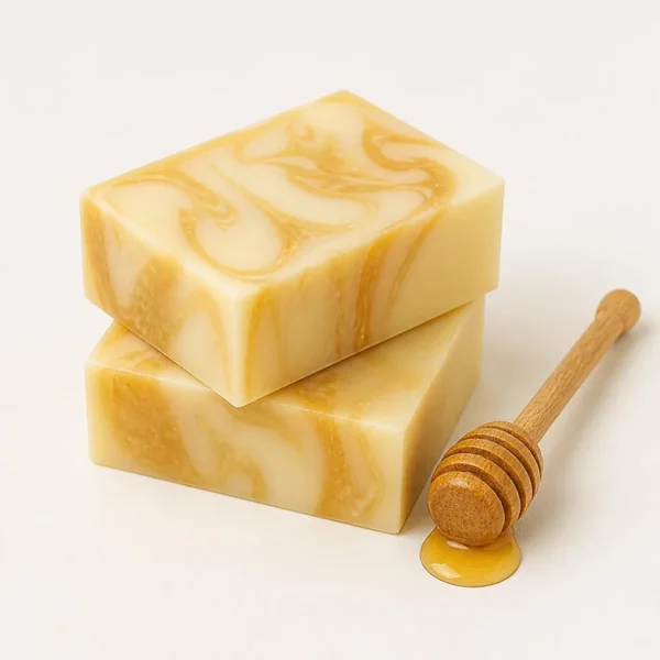 Deux pains de savon crème veinés de miel, empilés, à côté d’une cuillère à miel en bois