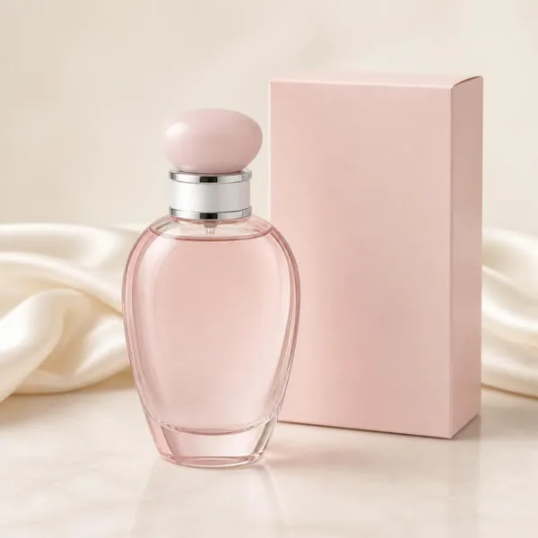 Flacon de parfum rose pâle aux épaules arrondies, à collerette argentée, devant son étui rose