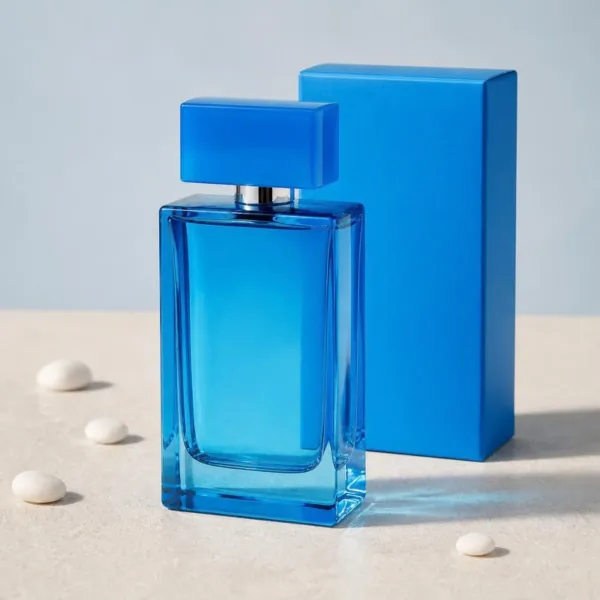 Flacon de parfum rectangulaire en verre bleu azur et son étui bleu, avec quelques galets blancs