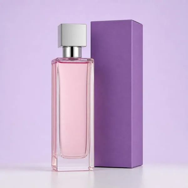 Flacon de parfum rectangulaire en verre rose à bouchon argenté, devant son étui violet