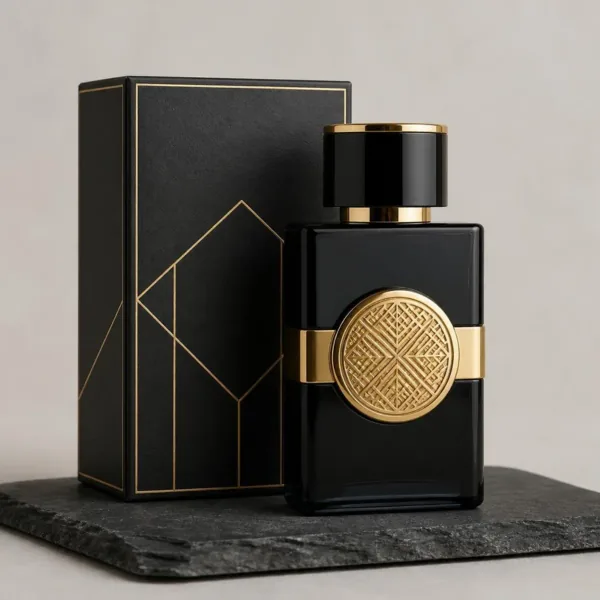 Flacon de parfum noir à ceinture et médaillon dorés, et son étui noir à filets dorés, sur une pierre sombre