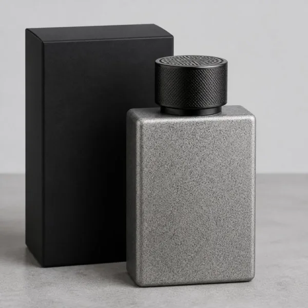 Flacon de parfum gris argenté moucheté à bouchon noir, devant son étui noir