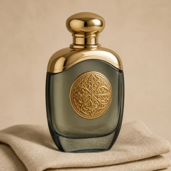 Flacon de parfum en verre gris-vert à épaules et médaillon dorés, posé sur un lin beige