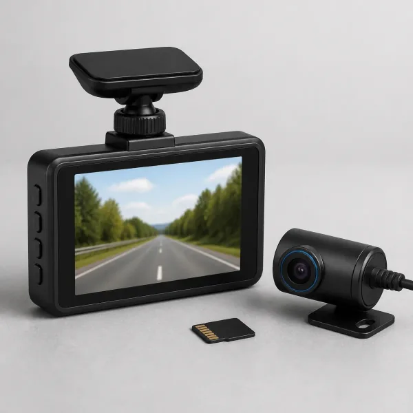 Boîtier de caméra de voiture noir avec écran au dos, petite caméra arrière cylindrique et carte microSD