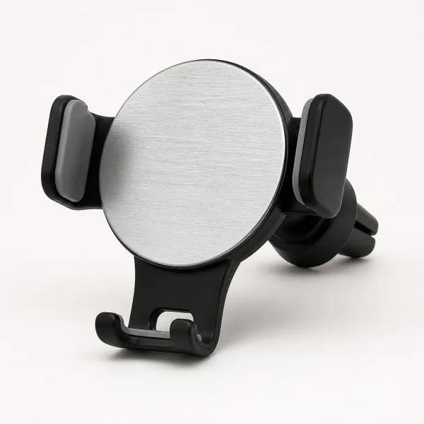 Support de téléphone à pince pour grille d’aération, plaque ronde argentée et bras noirs