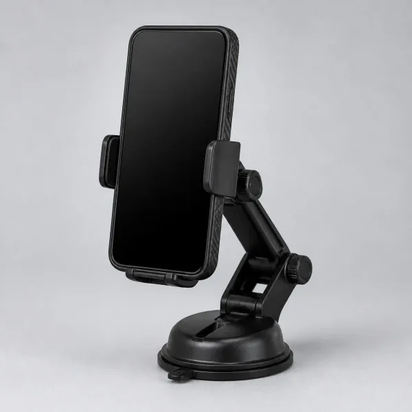 Support de téléphone noir à ventouse et bras articulé, tenant un smartphone