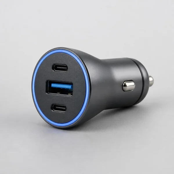 Chargeur allume-cigare gris anthracite à anneau lumineux bleu, avec deux ports USB-C et un port USB-A