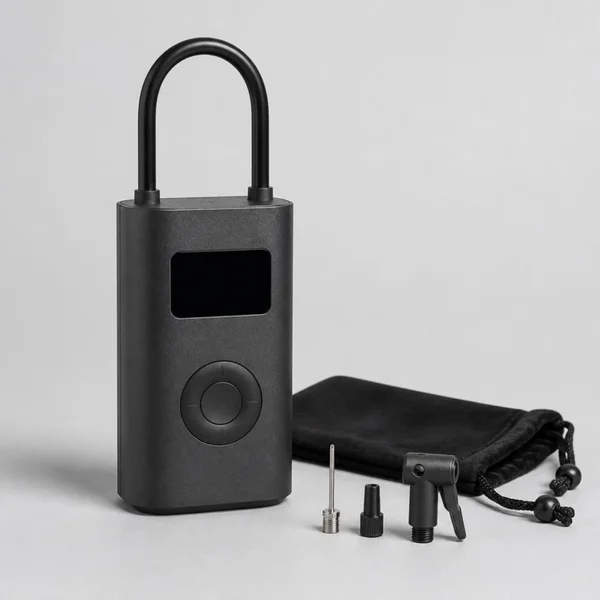 Gonfleur de pneus gris anthracite à haute poignée en arceau, avec embouts de valve et pochette à cordon