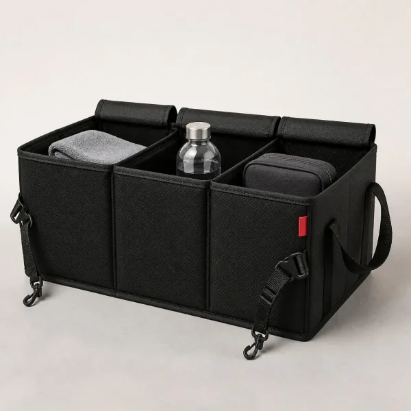 Organiseur de coffre noir en tissu à trois compartiments, avec poignées et sangles à crochets