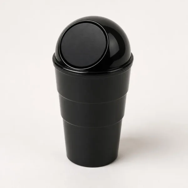 Mini poubelle de voiture en plastique noir brillant en forme de gobelet à trois paliers, couvercle en dôme avec clapet rond basculant