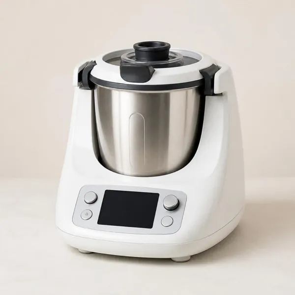 Robot cuiseur blanc à cuve en inox, couvercle blanc et noir, panneau de commande à écran éteint