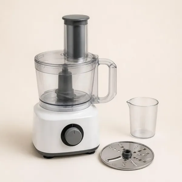 Robot multifonction compact au socle blanc et bouton gris, bol transparent, disque inox et gobelet doseur à côté